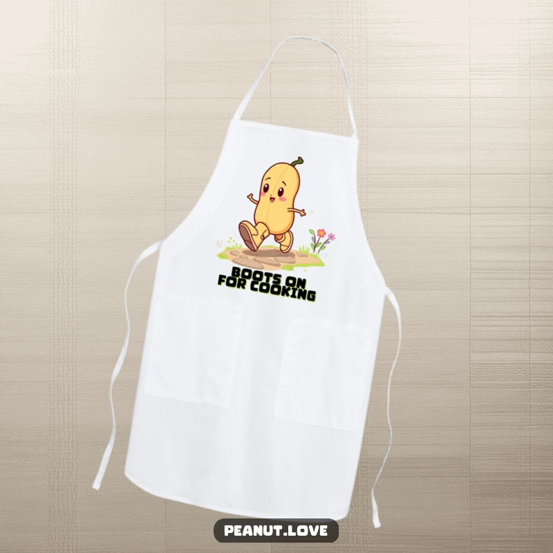 Funny apron showcasing a peanut character joyfully skipping in oversized boots, ideal for cooks who want to add humor and cheer to their kitchen.