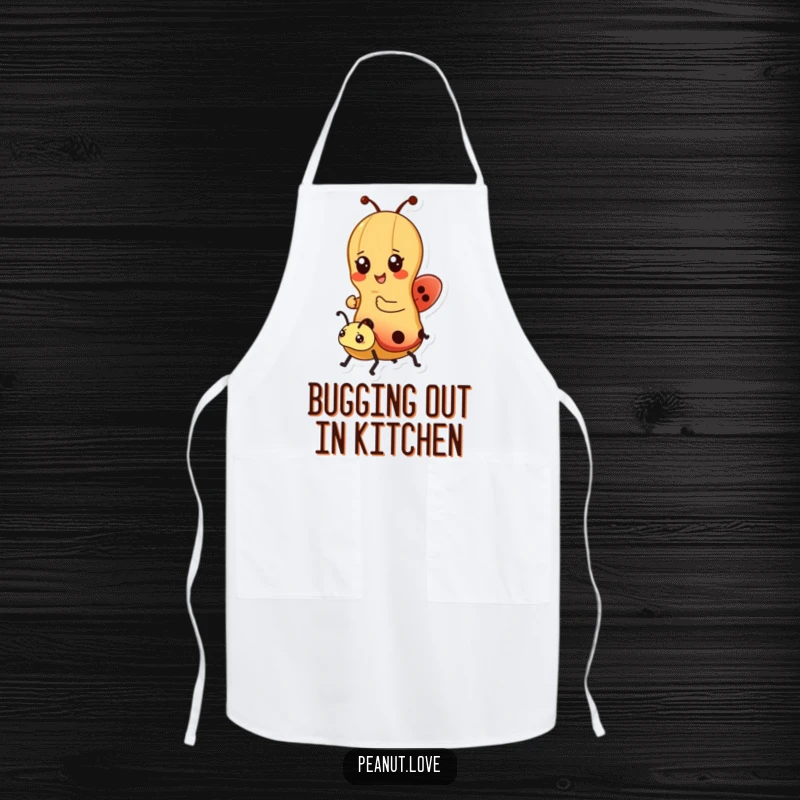 Funny apron showcasing a kawaii peanut character riding a ladybug, perfect for cheerful cooking and gift-giving.