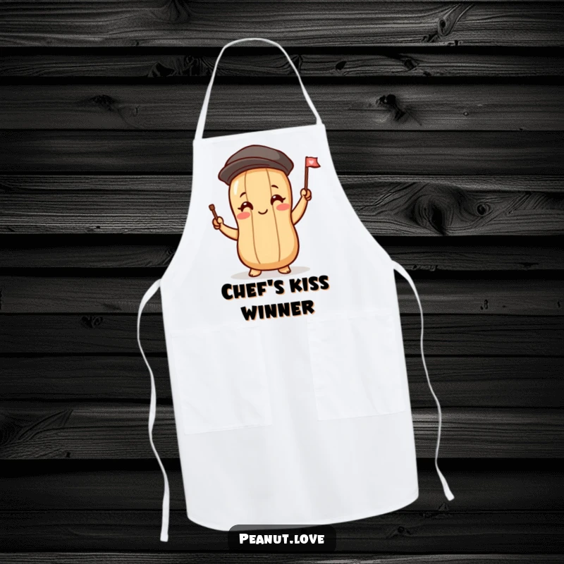 Funny apron featuring a peanut character with blushing cheeks waving a tiny flag, a whimsical kitchen accessory for cheerful cooks.
