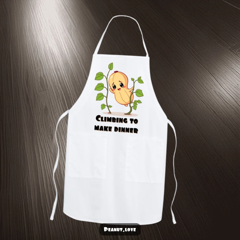 Funny determined peanut character apron, shown climbing a tiny vine with a look of intense determination.