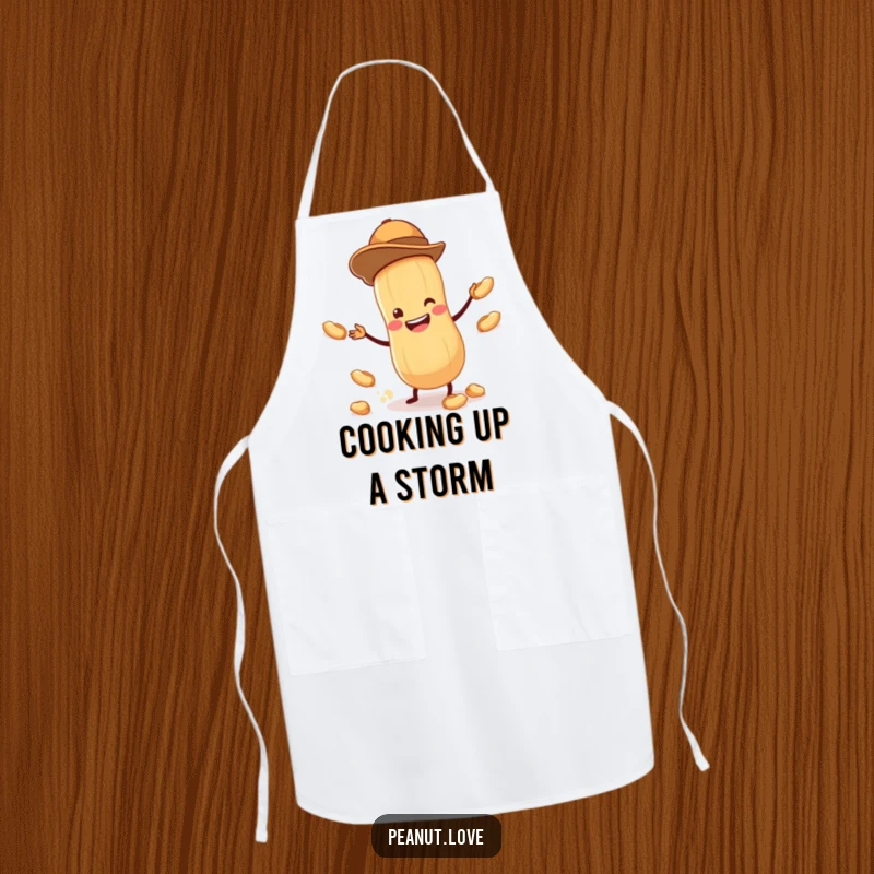 Funny apron with a tiny peanut wearing a hat, juggling smaller peanuts with a wide grin, for a humorous cooking experience.