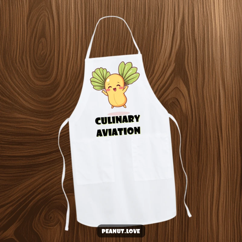 Funny apron showing a determined peanut character trying to fly with fan leaves, a humorous kitchen accessory for cooks.