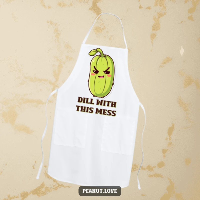 Funny anthropomorphic pickle with a mischievous grin slyly winking on a humorous apron, great for chefs.