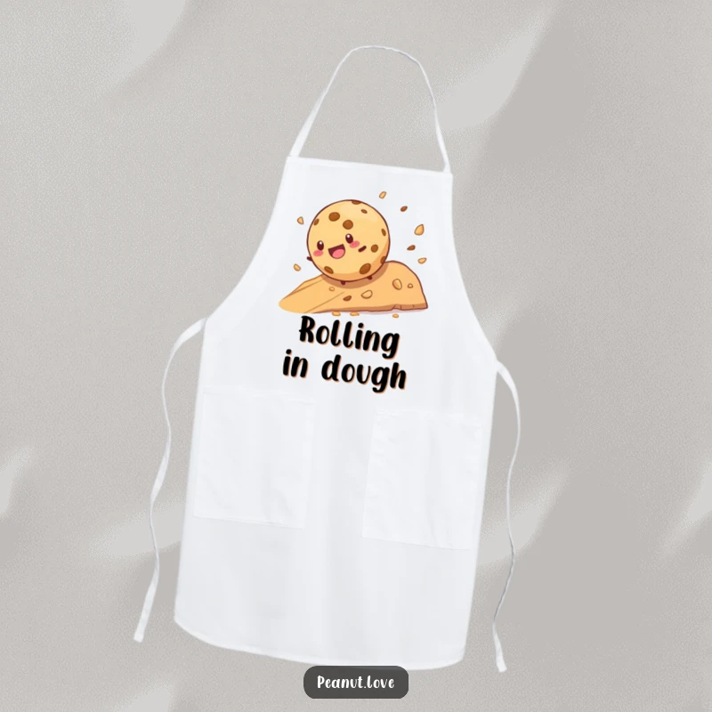 Funny cookie character joyfully rolling down a crumb-filled hill on a humorous apron, great for bakers.