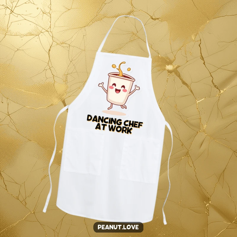 Funny apron showing a smiling coffee cup character dancing energetically and spilling.