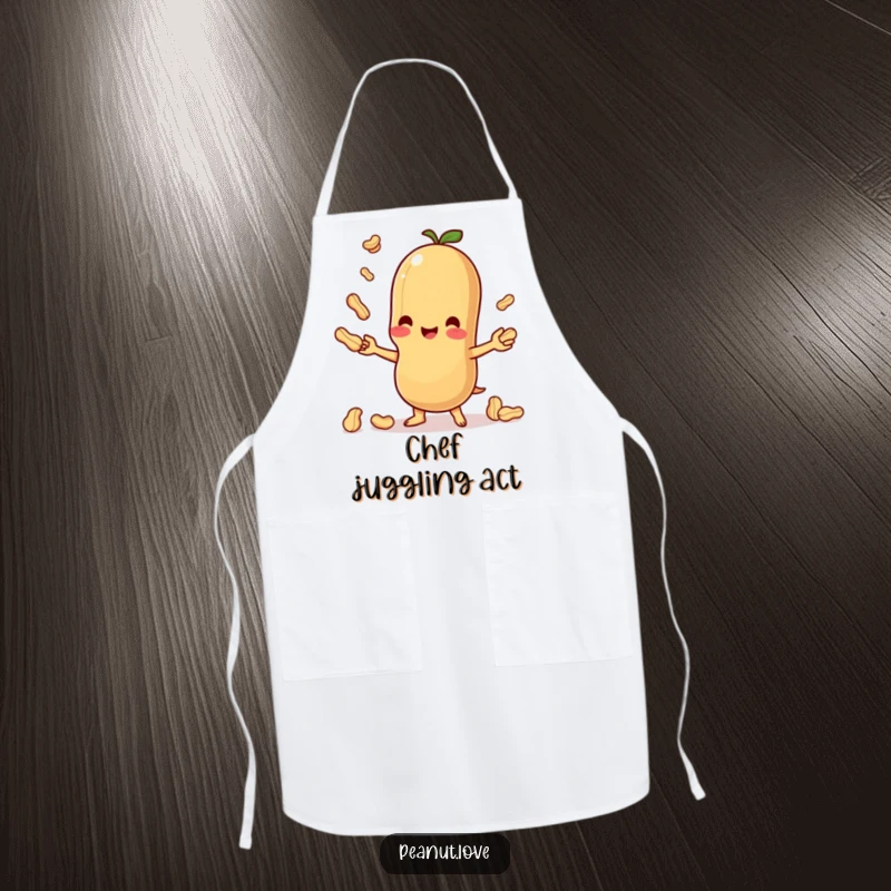 Funny cooking apron showcasing a happy Kawaii peanut juggling, adding humor and practicality to kitchen tasks.