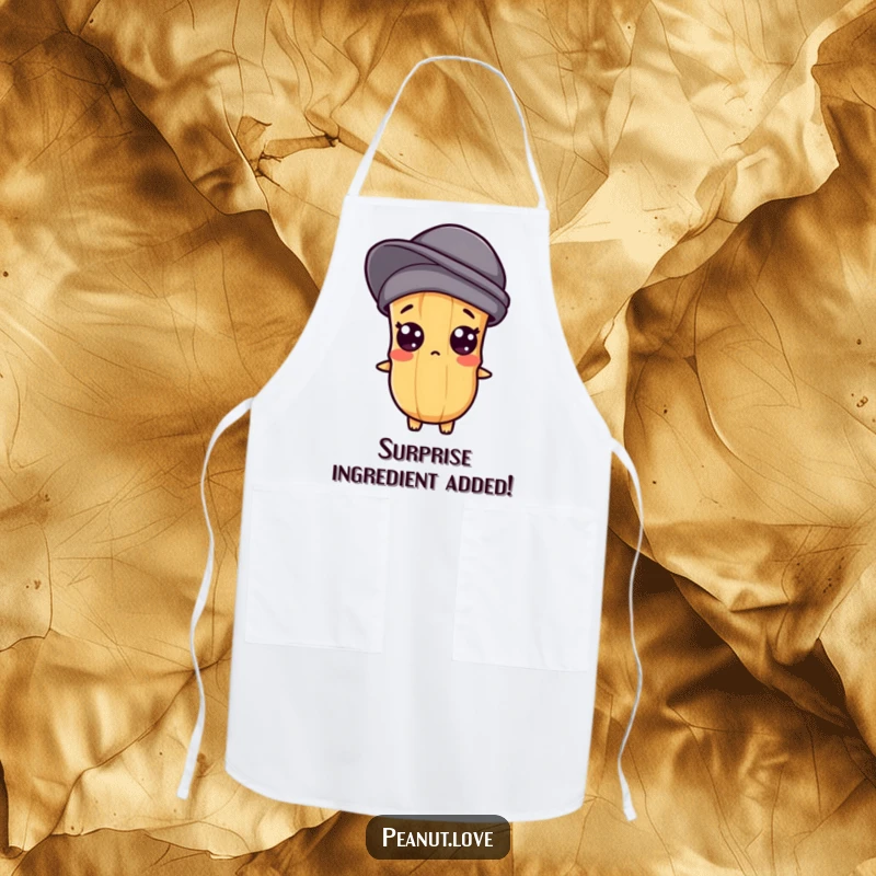 Funny apron showcasing a Kawaii peanut character with wide, surprised eyes, perfect for adding humor to cooking.