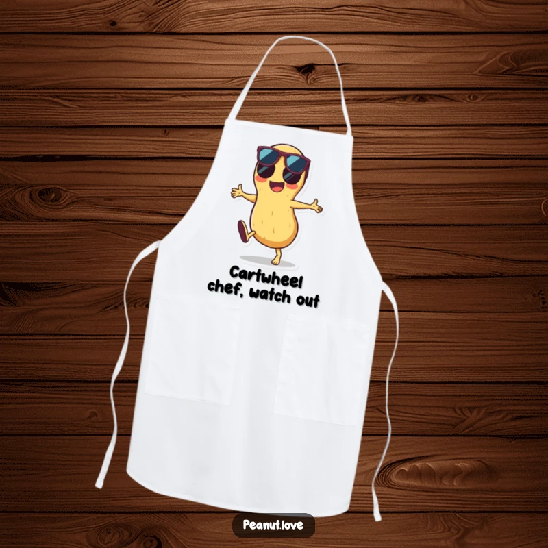 Funny apron with a cool peanut doing a cartwheel in sunglasses, perfect for chefs who like to add humor to their cooking sessions.