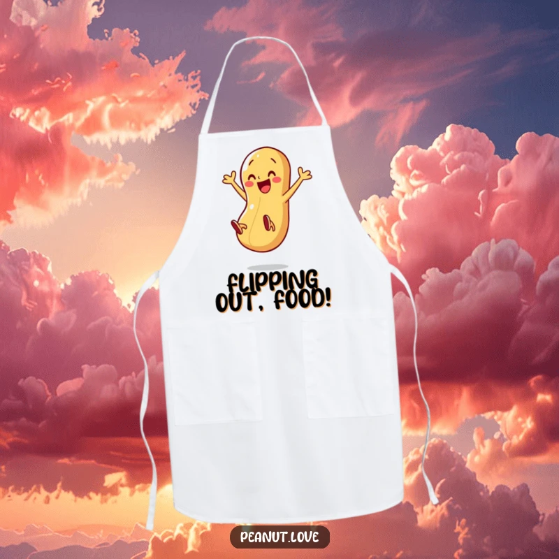 Funny apron with a happy peanut character energetically kicking its legs mid-air, adding a humorous touch to cooking.