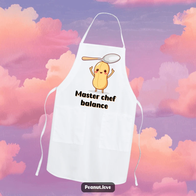 Funny apron with a peanut character balancing a large spoon on its head, adding humor to cooking.