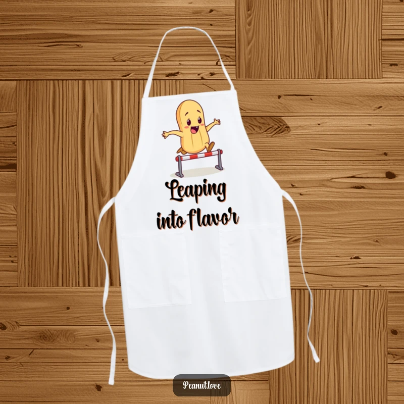 Funny apron featuring a dynamic peanut character leaping with enthusiasm over a small hurdle, ideal for a humorous cooking experience.