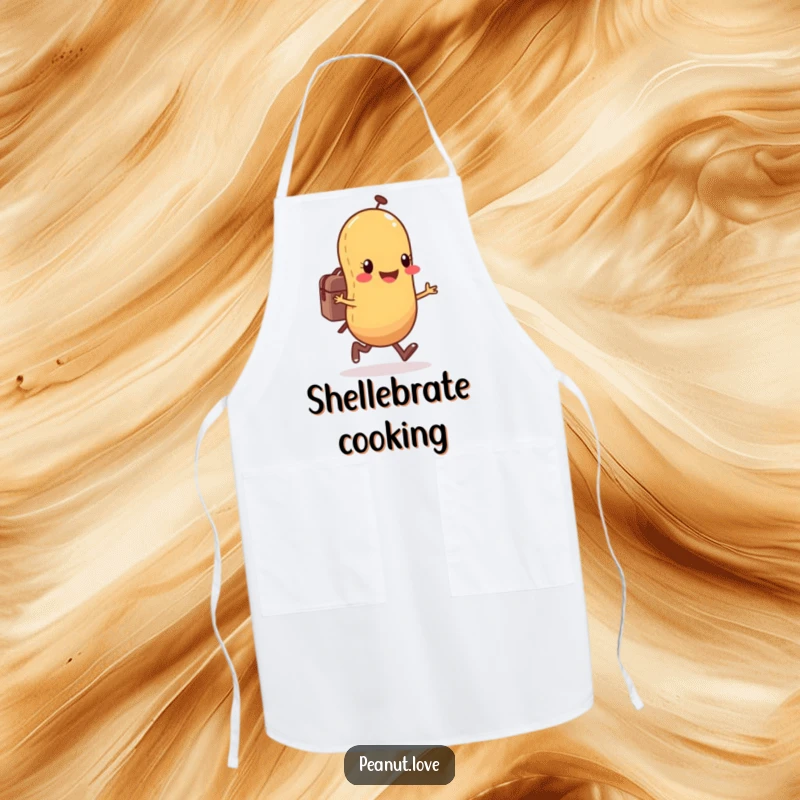 Funny anthropomorphic peanut character apron showing a happy peanut skipping with a backpack, perfect for kitchen adventures.