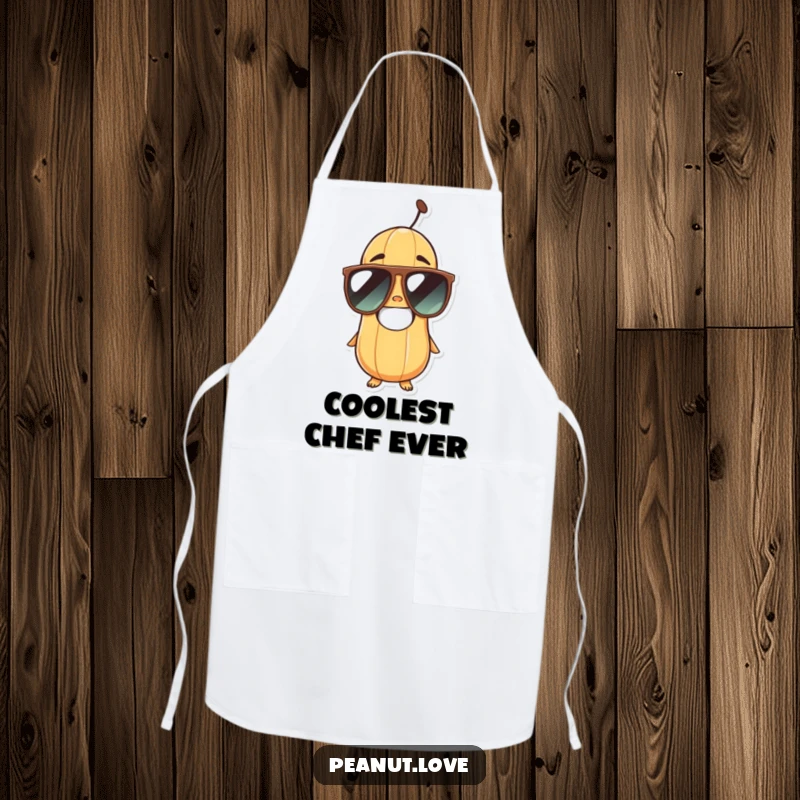 Funny peanut character in oversized sunglasses, smiling widely, featured on a practical and amusing kitchen apron.