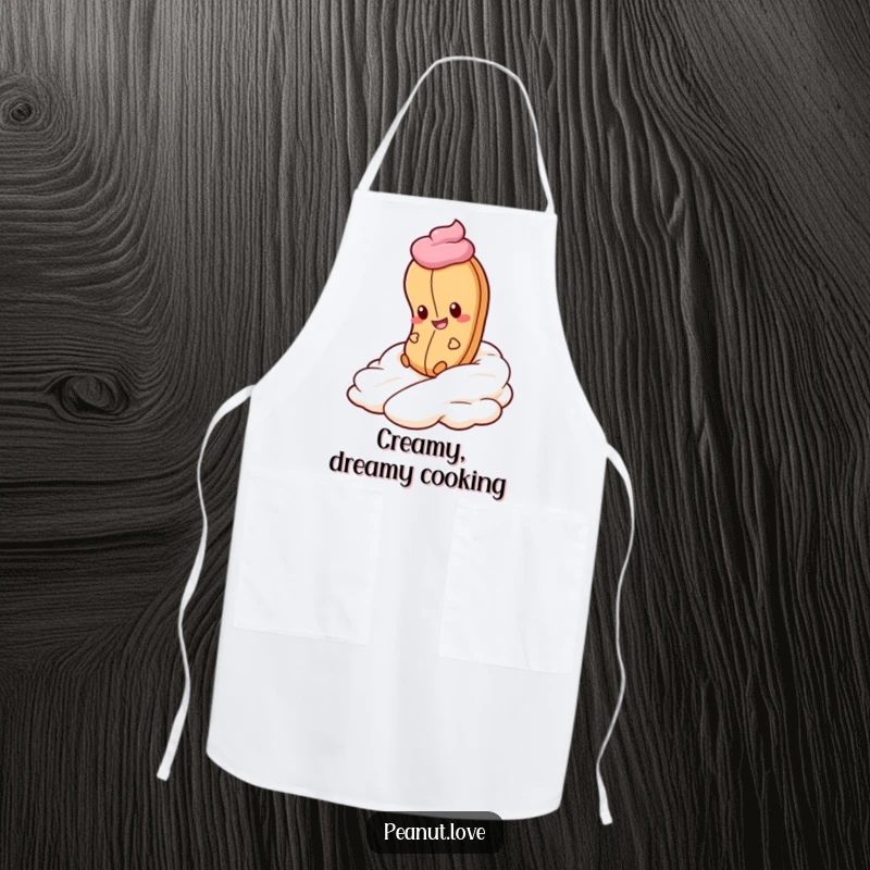 Funny Peanut Whipped Cream Apron: A peanut gleefully rolls down whipped cream. Sweet kitchen wear, funny gift.