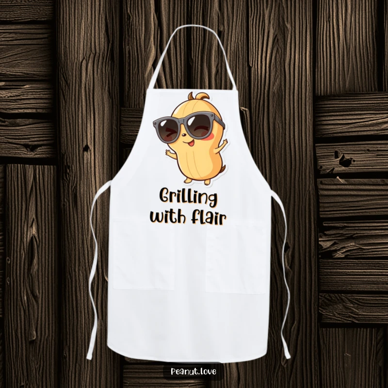 Funny playful peanut apron with a character in oversized sunglasses winking, bringing cool vibes to the kitchen, a funny gift.