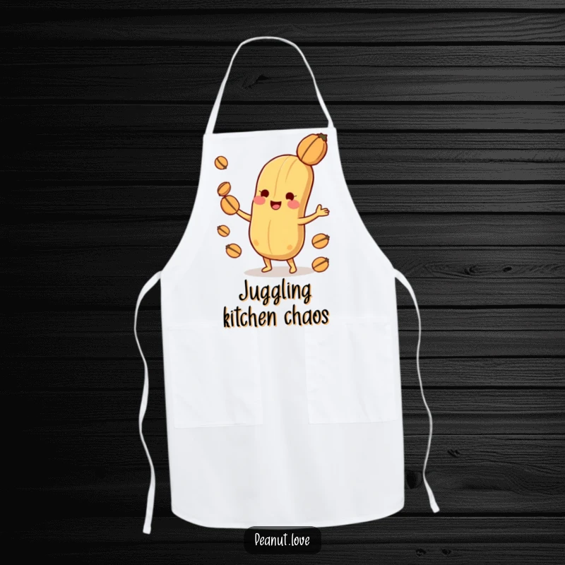 Funny playful peanut character apron, skillfully juggling nuts with a look of pure delight.