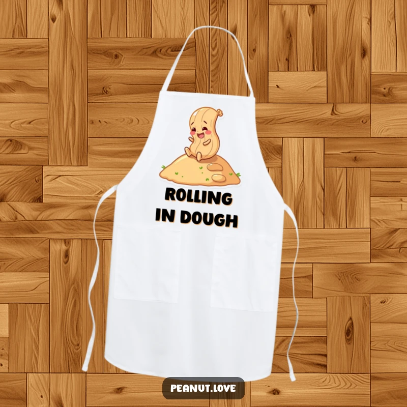 Funny peanut character rolling down a hill, depicted on a protective apron, symbolizing fun and embracing mess.