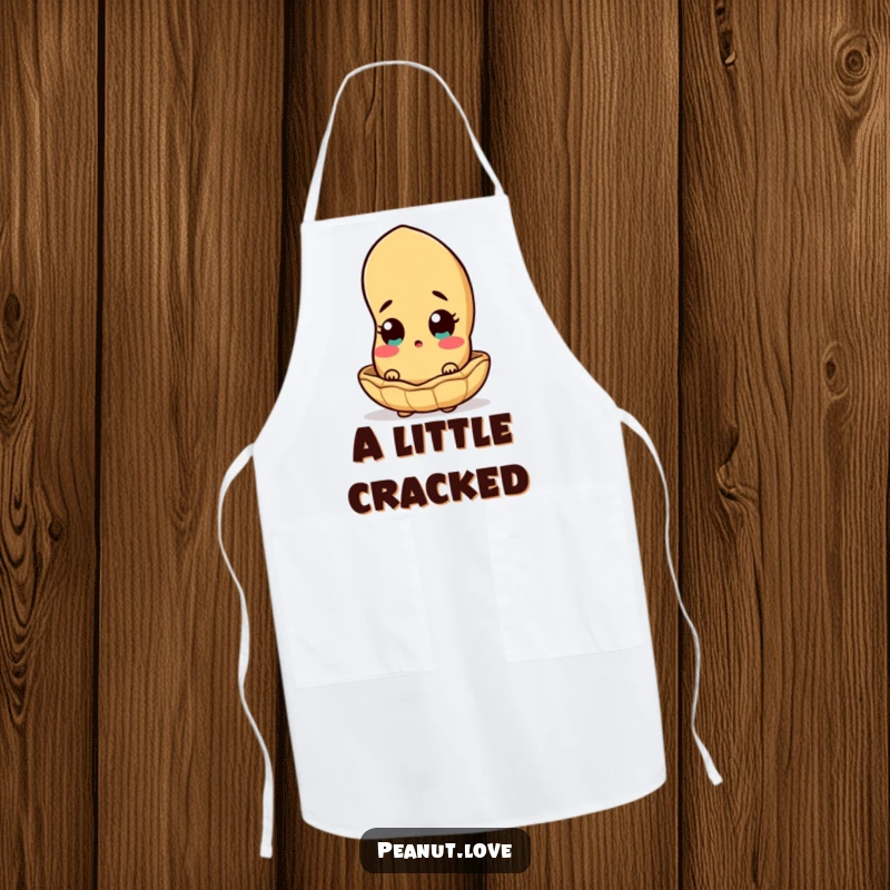 Funny peanut character peeking out from its shell, on a protective apron, symbolizing surprise in the kitchen.