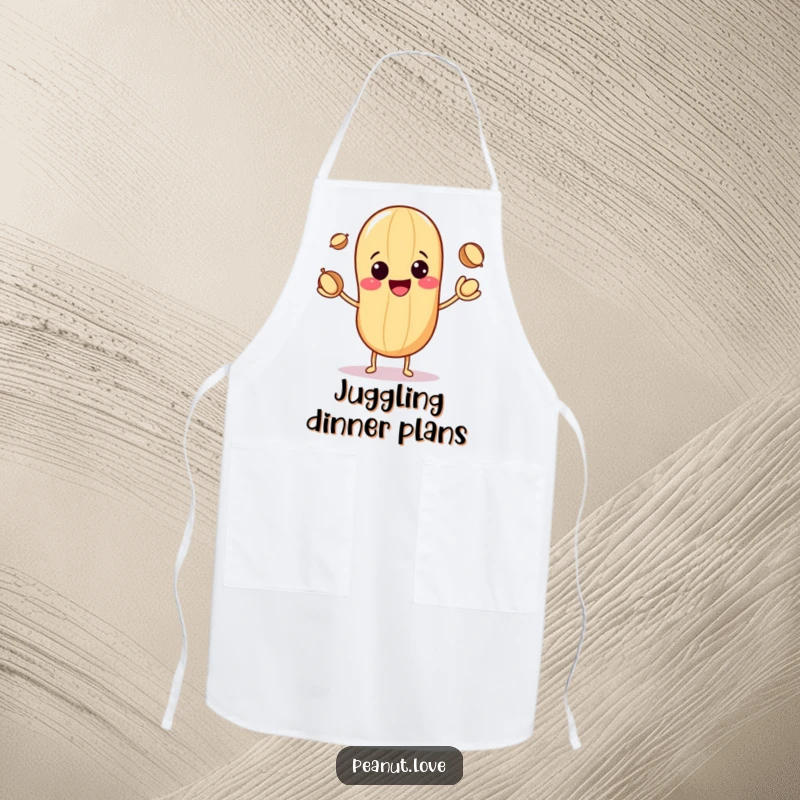 Funny apron featuring a cute kawaii peanut character with a big smile, juggling three small nuts while cooking.
