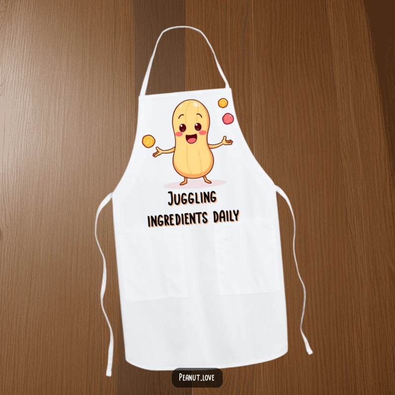 Funny Apron featuring a Cheerful Peanut Character Juggling Tiny Bouncing Candy Pieces, Perfect for Kitchen Fun