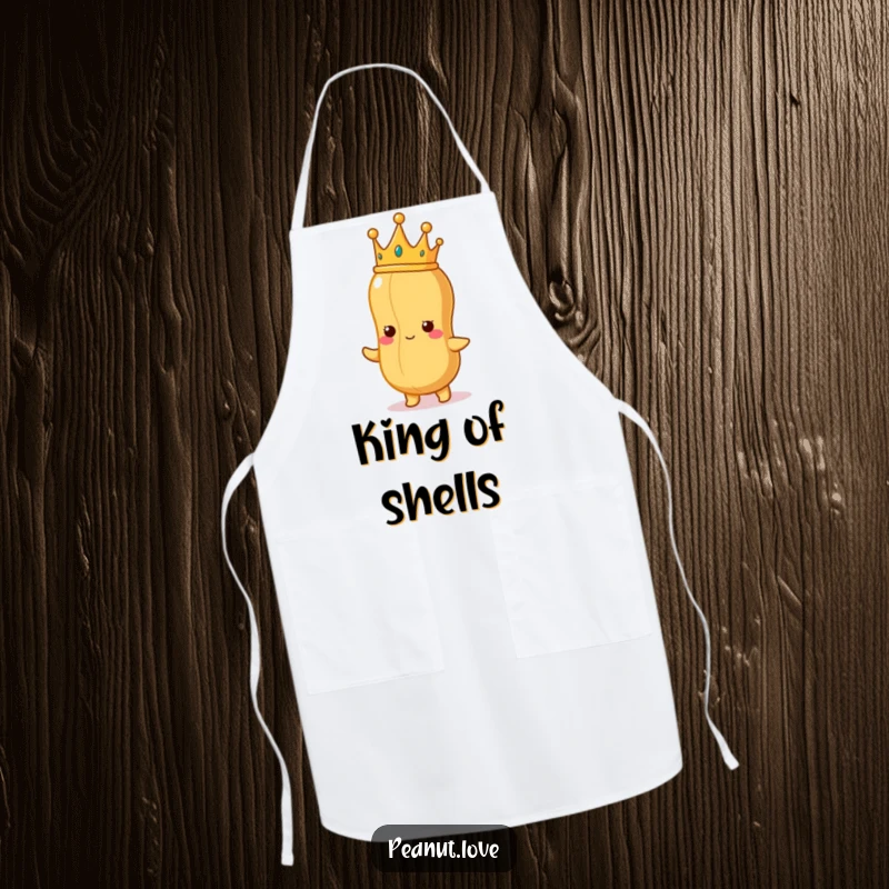 Funny Peanut King Apron: A regal peanut with a tiny crown, proudly holding a perfect peanut, ready for funny, majestic, and clean cooking.