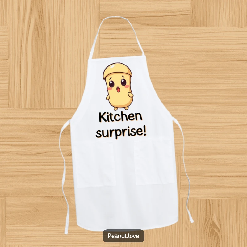 Funny cooking apron showcasing a surprised Kawaii peanut character with a cracking shell, adding humor to cooking.