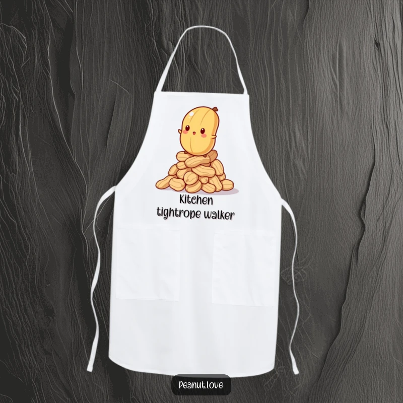 Funny apron with a bewildered peanut attempting to balance on a wobbly stack of peanuts, for a humorous cooking experience.