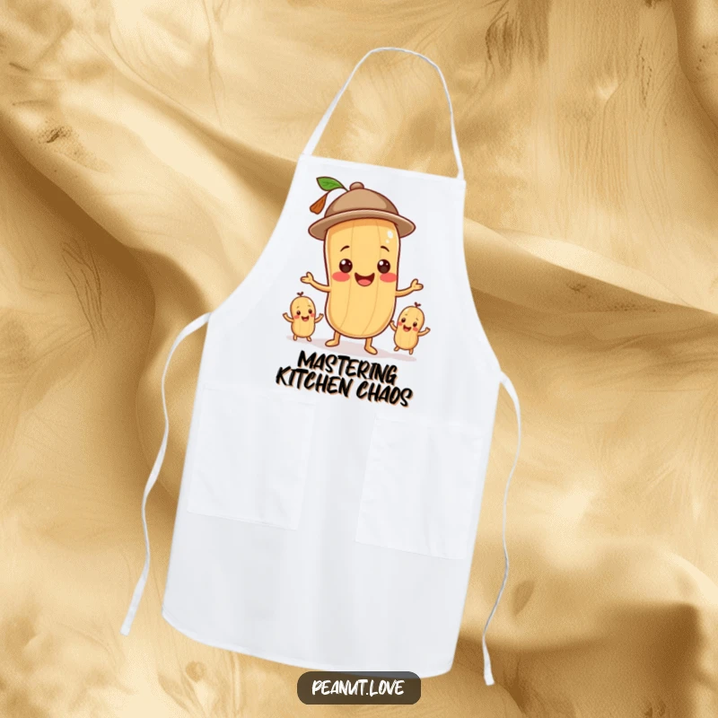 Funny apron with a smiling peanut wearing a hat, juggling three peanuts, ideal for kitchen use.