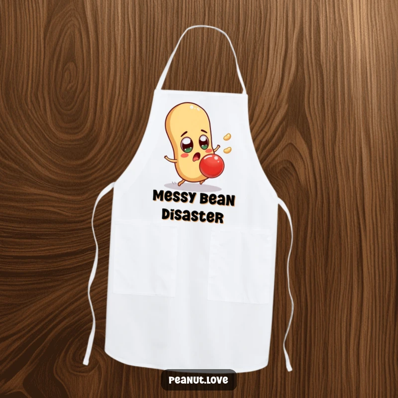 Funny surprised peanut apron showing a character comically dodging a falling jelly bean, keeping you clean with humor, a funny gift.