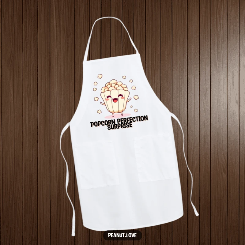 Funny apron showing a surprised popcorn kernel character popping and scattering.