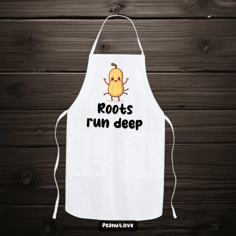 Funny Kawaii peanut apron featuring a cute character with root legs doing a silly dance while cooking.