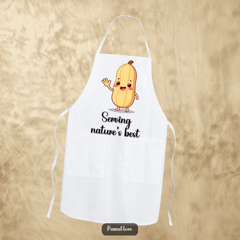 Funny Friendly Host Apron: A peanut character waving and offering a leaf, ready for funny, welcoming, and clean culinary tasks.