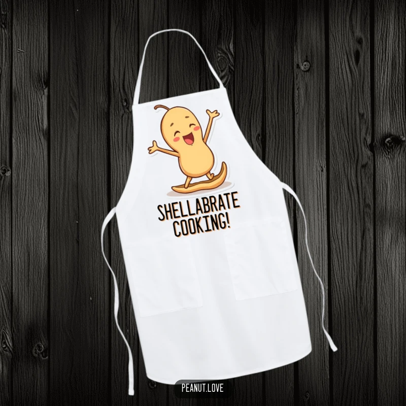 Funny apron showcasing a joyful peanut character in mid-jump within its shell, bringing nutty excitement to cooking.