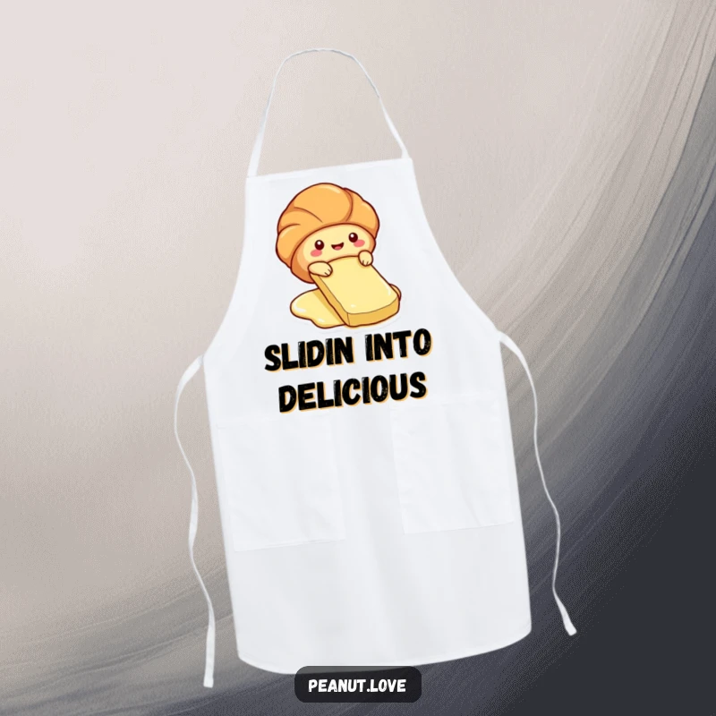 Funny apron showing a cute croissant character sliding down a butter pat.