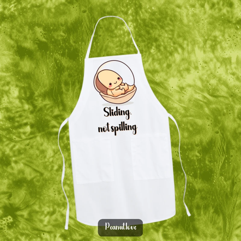 Funny apron showcasing a kawaii peanut character playfully sliding down a smooth shell, perfect for kitchen fun and gift-giving.