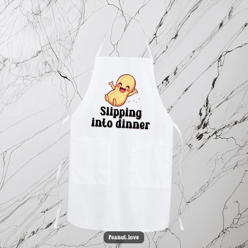 Funny apron featuring a gleeful peanut character sliding rapidly down a smooth surface, ready for kitchen fun.