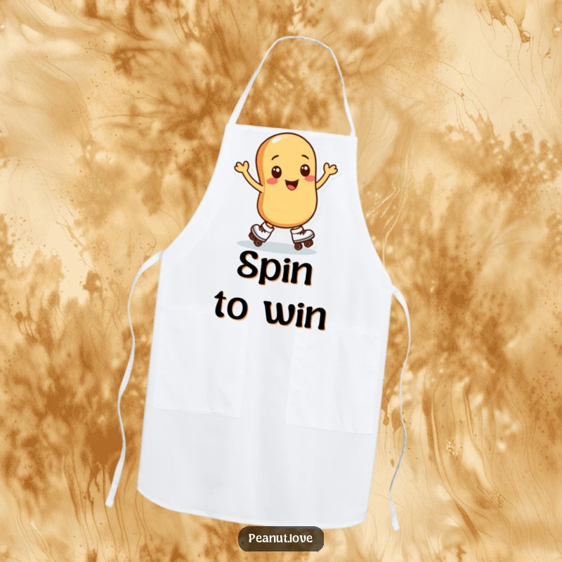 Funny apron showcasing a peanut character in roller skates executing a stylish spin, perfect for a kitchen full of nutty fun.