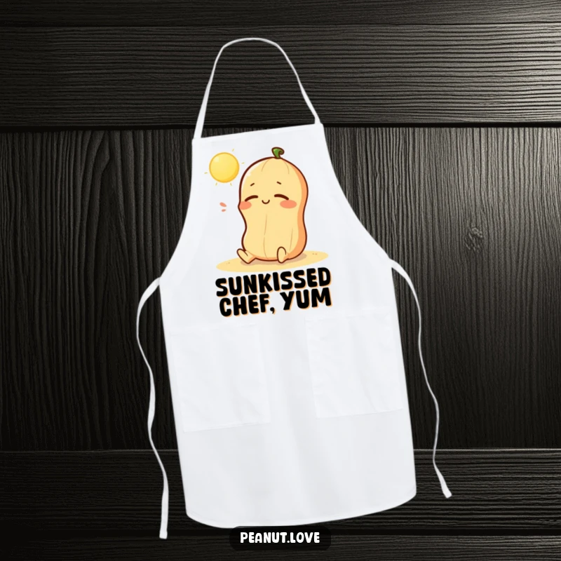 Funny apron showcasing a kawaii peanut character happily sunbathing, perfect for relaxed cooking and gift-giving.