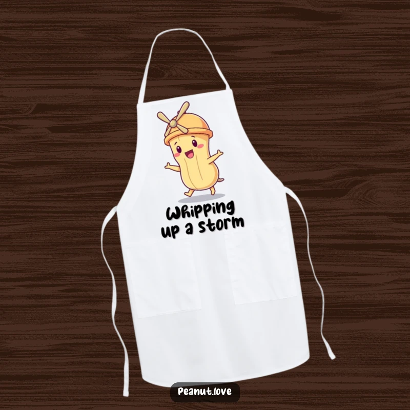 Funny apron with a peanut character wearing a propeller hat, humorously attempting to fly while cooking.