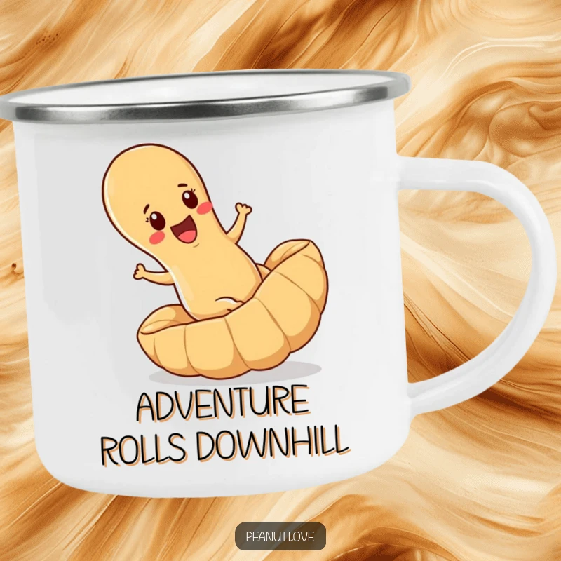 Funny camping mug showing a determined peanut joyfully rolling downhill inside a giant peanut shell, sturdy for outdoor use.