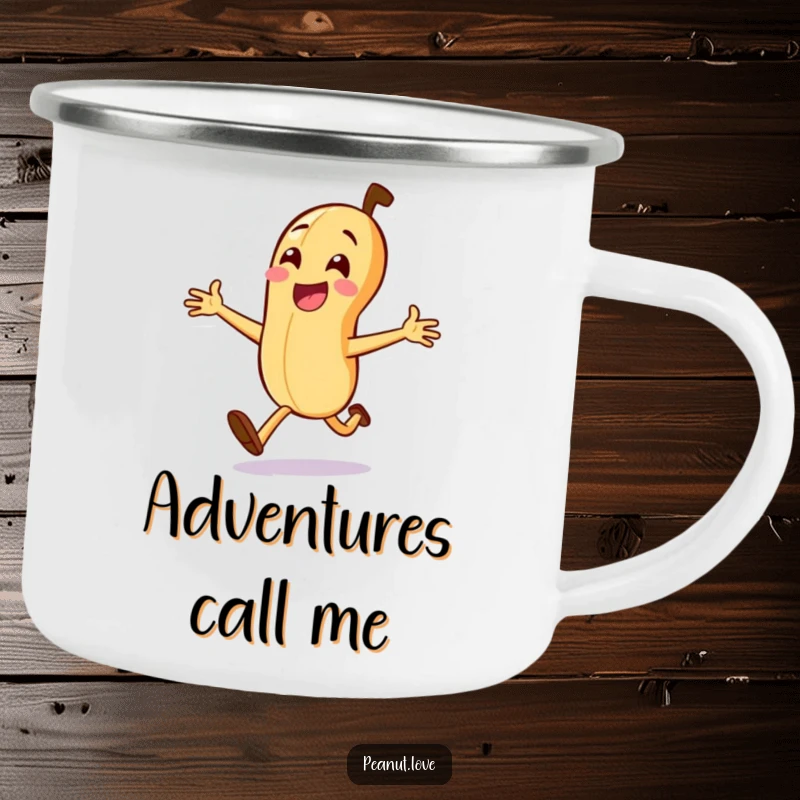 Funny Peanut Dash Camping Mug: A joyful peanut running with arms wide, ready for funny, energetic, and rugged outdoor sips.