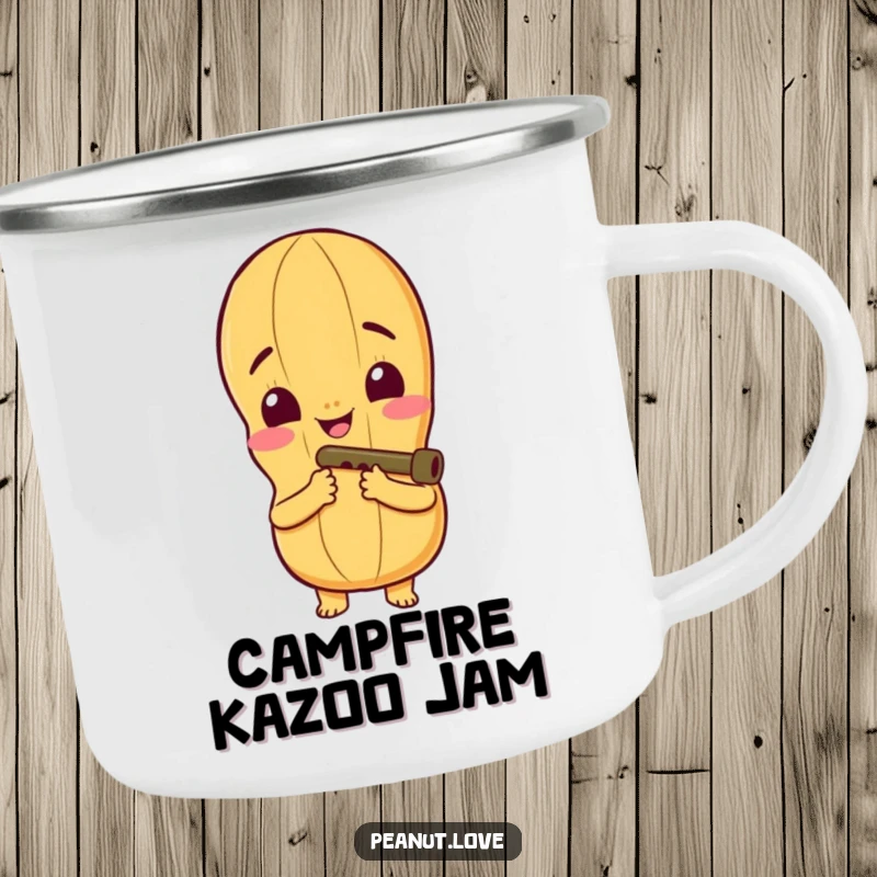 Funny Camping Mug featuring a Peanut Character with Wide Smile Playing a Tiny Kazoo, Ideal for Outdoor Fun