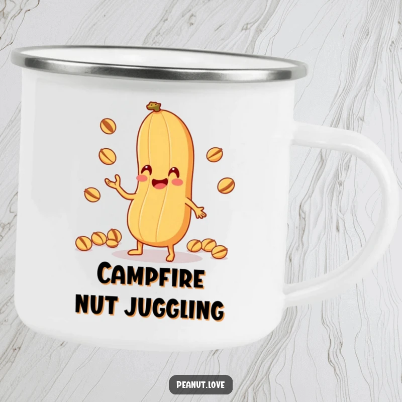 Funny Peanut Juggling Camping Mug: A durable mug with an anthropomorphic peanut character comically juggling tiny nuts with its shell, perfect outdoor fun, funny gift.