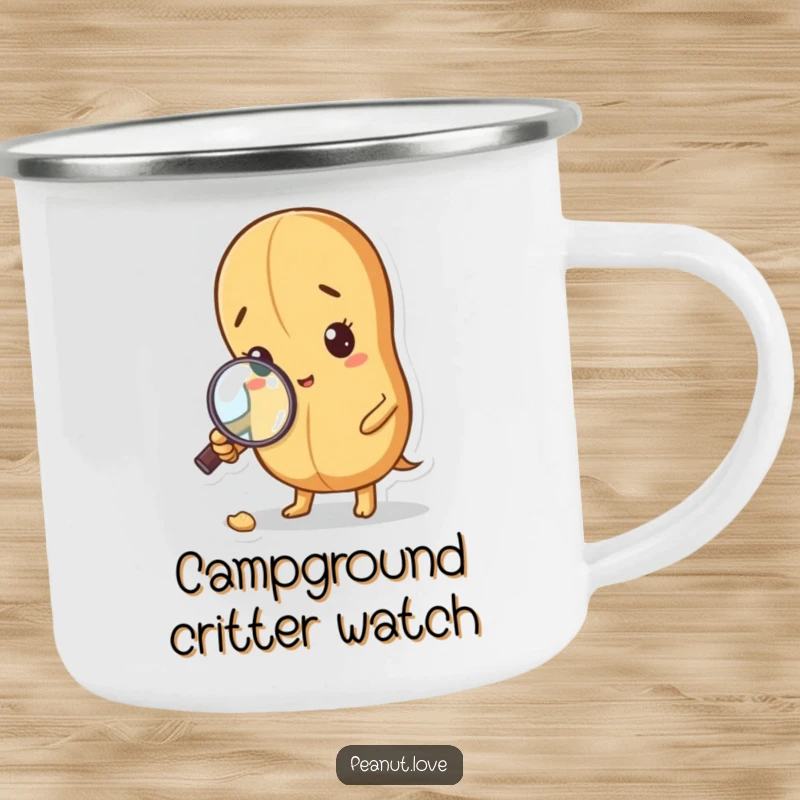 Funny Curious Peanut Camping Mug: A peanut with a magnifying glass inspects a crumb. Outdoor investigation, funny gift.