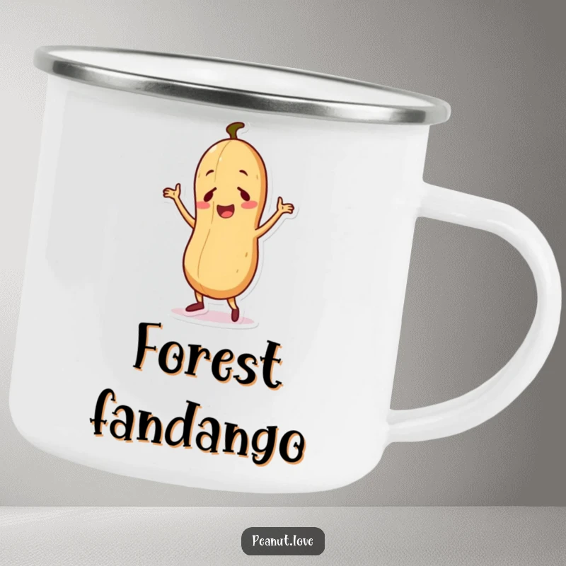 Funny camping mug showing a cute peanut character performing a silly dance, perfect for adding fun to outdoor trips.