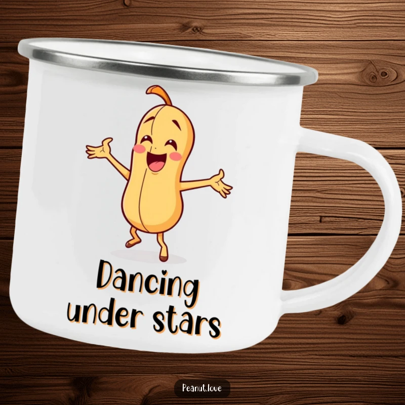 Funny peanut character doing a silly dance with exaggerated arm waves, on a durable camping mug.