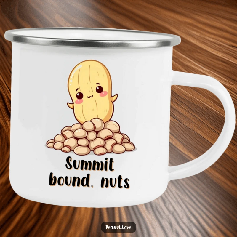 Funny enamel camping mug featuring a determined Kawaii peanut climbing, perfect for adventurers and humor lovers.