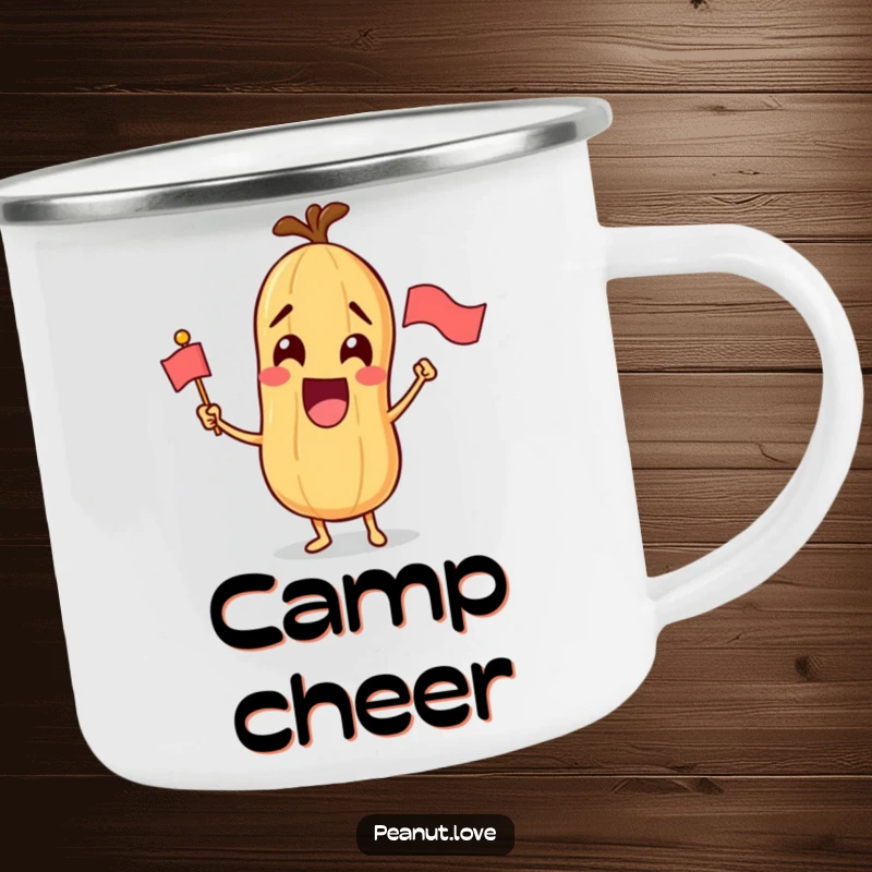 Funny camping mug depicting a joyful peanut character waving a miniature flag, ideal for festive outdoor trips.