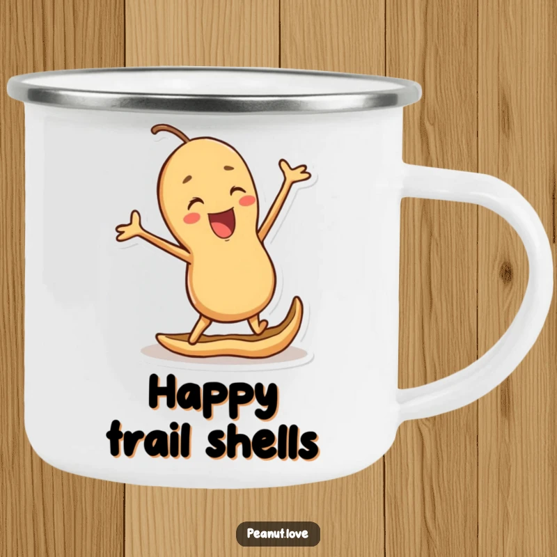 Funny camping mug showing a joyful peanut character jumping excitedly in its shell, perfect for happy outdoor moments.
