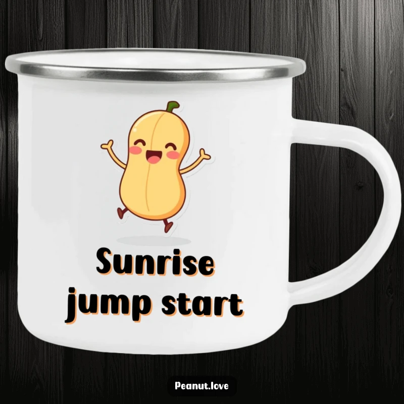 Funny camping mug showing an excited peanut character wiggling its legs, ready for a joyful jump.